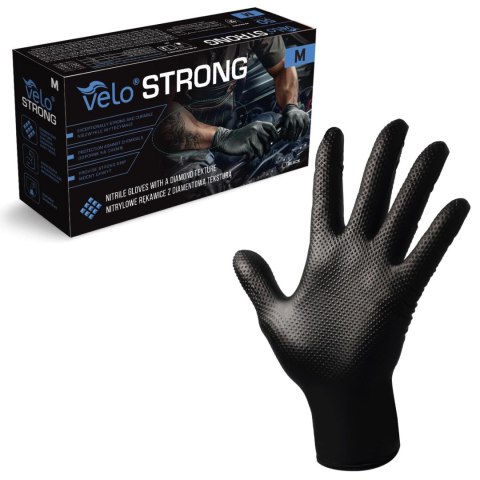 VELO STRONG GRIP M CZARNE Rękawice nitrylowe robocze z gripem, 50 szt.