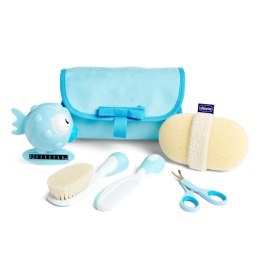 CHICCO 0M+ Zestaw kąpielowy w etui, niebieski, szczotka, gąbka, termometr