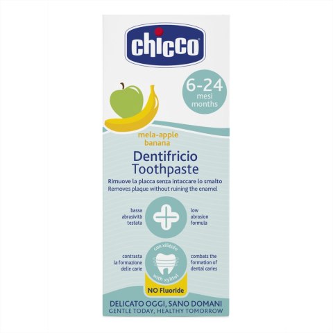 CHICCO 6M+ Pasta bez fluoru dla dzieci, jabłkowo-bananowa, z ksylitolem i biowapniem CHICCO 6M+ Pasta bez fluoru dla dzieci, jabłkowo-bananowa, z ksylitolem i biowapniem