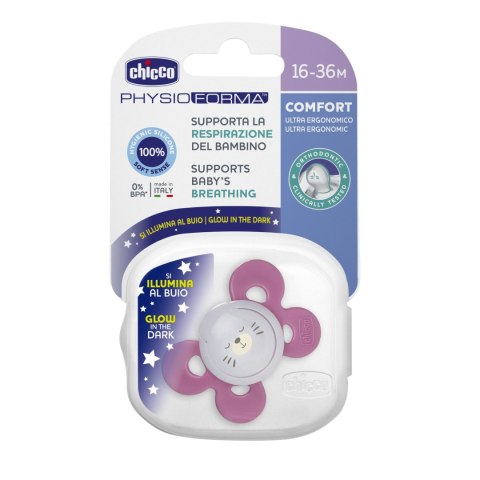 CHICCO PHYSIO COMFORT 16M+ Smoczek uspokajający, silikonowy, świecący, różowy CHICCO PHYSIO COMFORT 16M+ Smoczek uspokajający, silikonowy, świecący, różowy