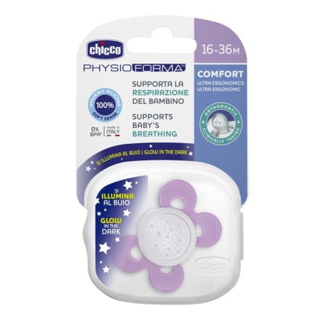 CHICCO PHYSIO COMFORT 16M+ Smoczek uspokajający, silikonowy, świecący, różowy CHICCO PHYSIO COMFORT 16M+ Smoczek uspokajający, silikonowy, świecący, różowy