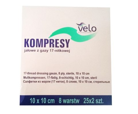 VELO 5 cm × 5 cm Kompres gazowy sterylny, bezchlorowy, 25 × 2 szt. VELO 5 cm × 5 cm Kompres gazowy sterylny, bezchlorowy, 25 × 2 szt.