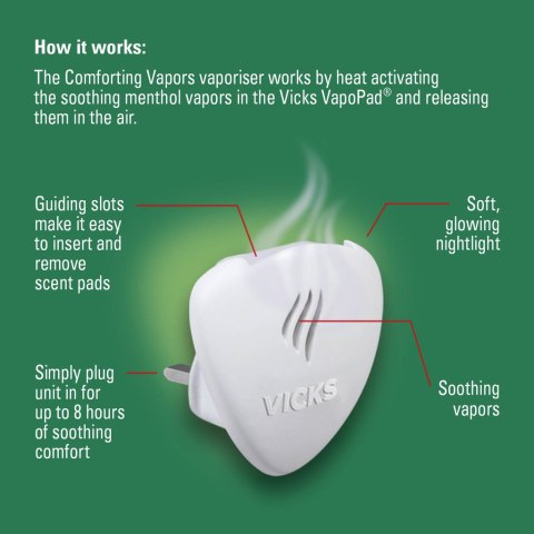 VICKS COMFORTING VAPORS Dyfuzor olejków eterycznych, do kontaktu, z funkcją lampki VICKS COMFORTING VAPORS Dyfuzor olejków eterycznych, do kontaktu, z funkcją lampki