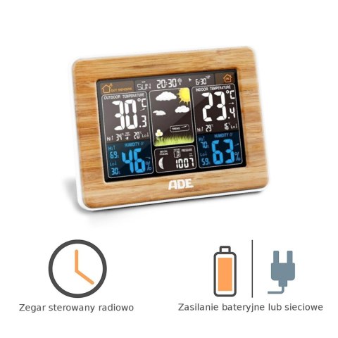 ADE WS1703 Stacja pogodowa z czujnikiem zewnętrznym, drewniana ADE WS1703 Stacja pogodowa z czujnikiem zewnętrznym, drewniana