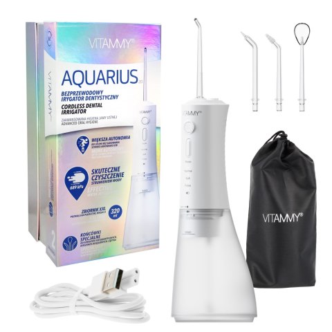 VITAMMY AQUARIUS Irygator bezprzewodowy do jamy ustnej, 3 tryby, IPX7, 4 końcówki VITAMMY AQUARIUS Irygator bezprzewodowy do jamy ustnej, 3 tryby, IPX7, 4 końcówki