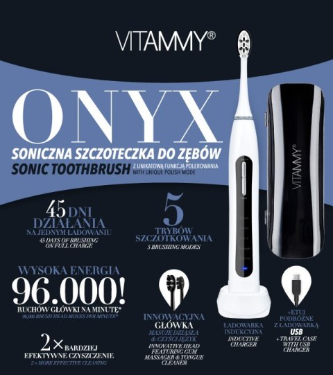 VITAMMY ONYX Szczoteczka soniczna do zębów z polerowaniem i 5 trybami, 96000 drg/min VITAMMY ONYX Szczoteczka soniczna do zębów z polerowaniem i 5 trybami, 96000 drg/min