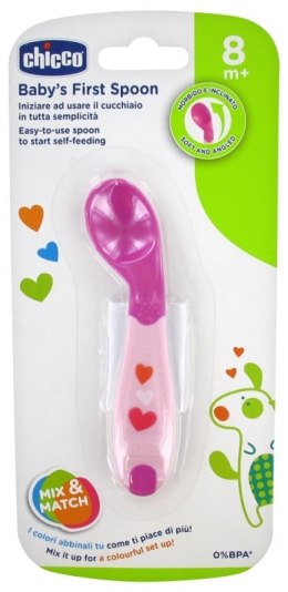 CHICCO 8M+ Pierwsza łyżeczka, różowa, wygięta końcówka, ergonomiczny uchwyt