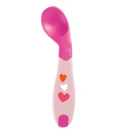 CHICCO 8M+ Pierwsza łyżeczka, różowa, wygięta końcówka, ergonomiczny uchwyt