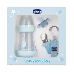 CHICCO BOY Zestaw: butelka antykolkowa Perfect5, smoczek mini soft, taśma