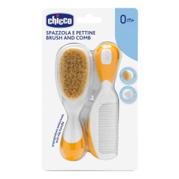 CHICCO 0M+ Szczotka z naturalnym włosiem + grzebyk, pomarańczowy