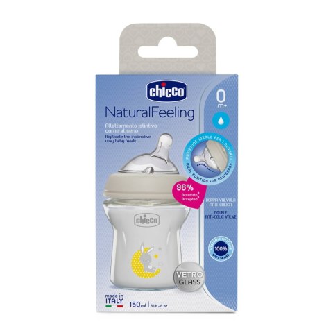 CHICCO NATURALFEELING 0M+ 150 ml Butelka szklana, smoczek silikon, przepływ wolny CHICCO NATURALFEELING 0M+ 150 ml Butelka szklana, smoczek silikon, przepływ wolny