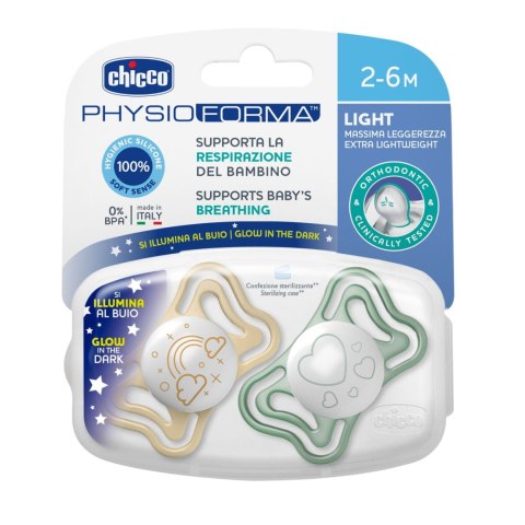 CHICCO PHYSIO LIGHT 2-6M Smoczek do uspokajania, silikonowy, LUMI, 2 szt. CHICCO PHYSIO LIGHT 2-6M Smoczek do uspokajania, silikonowy, LUMI, 2 szt.