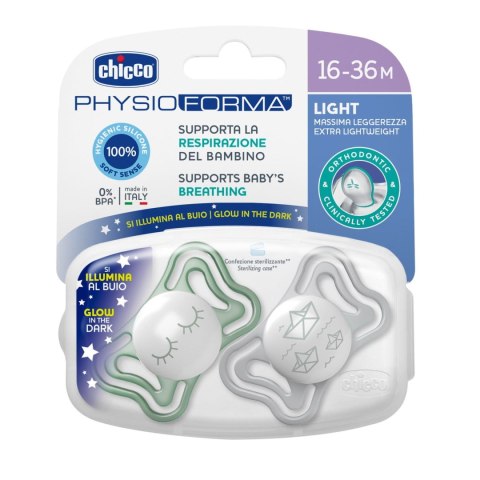 CHICCO PHYSIO LIGHT 6-36M Smoczek do uspokajania, silikonowy, LUMI, 2 szt. CHICCO PHYSIO LIGHT 6-36M Smoczek do uspokajania, silikonowy, LUMI, 2 szt.