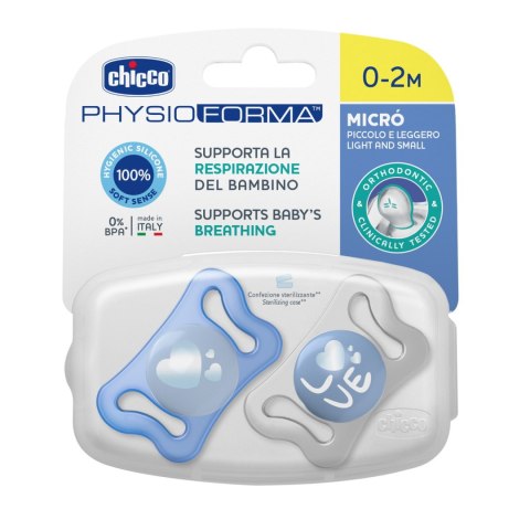 CHICCO PHYSIO MICRO 0-2M Smoczek silikonowy, do uspokajania, niebieski, 2 szt. CHICCO PHYSIO MICRO 0-2M Smoczek silikonowy, do uspokajania, niebieski, 2 szt.