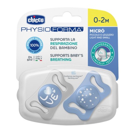 CHICCO PHYSIO MICRO 0-2M Smoczek silikonowy, do uspokajania, niebieski, 2 szt. CHICCO PHYSIO MICRO 0-2M Smoczek silikonowy, do uspokajania, niebieski, 2 szt.