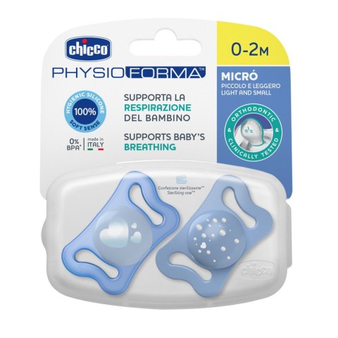 CHICCO PHYSIO MICRO 0-2M Smoczek silikonowy, do uspokajania, niebieski, 2 szt. CHICCO PHYSIO MICRO 0-2M Smoczek silikonowy, do uspokajania, niebieski, 2 szt.