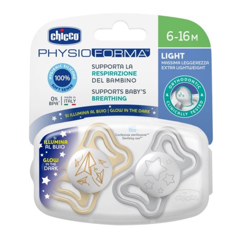 CHICCO PHYSIOFORMA LIGHT LUMI 6-16M+ Smoczek uspokajający silikonowy, 2 szt. CHICCO PHYSIOFORMA LIGHT LUMI 6-16M+ Smoczek uspokajający silikonowy, 2 szt.
