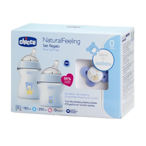 CHICCO Zestaw do karmienia (butelka 150 ml, butelka 250 ml, smoczek 0M+), niebieski CHICCO Zestaw do karmienia (butelka 150 ml, butelka 250 ml, smoczek 0M+), niebieski